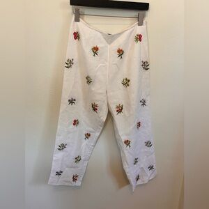 Nicole Studio Linen BlendWhite Floral Embroidered Linen Blend Crop Pants Size 10